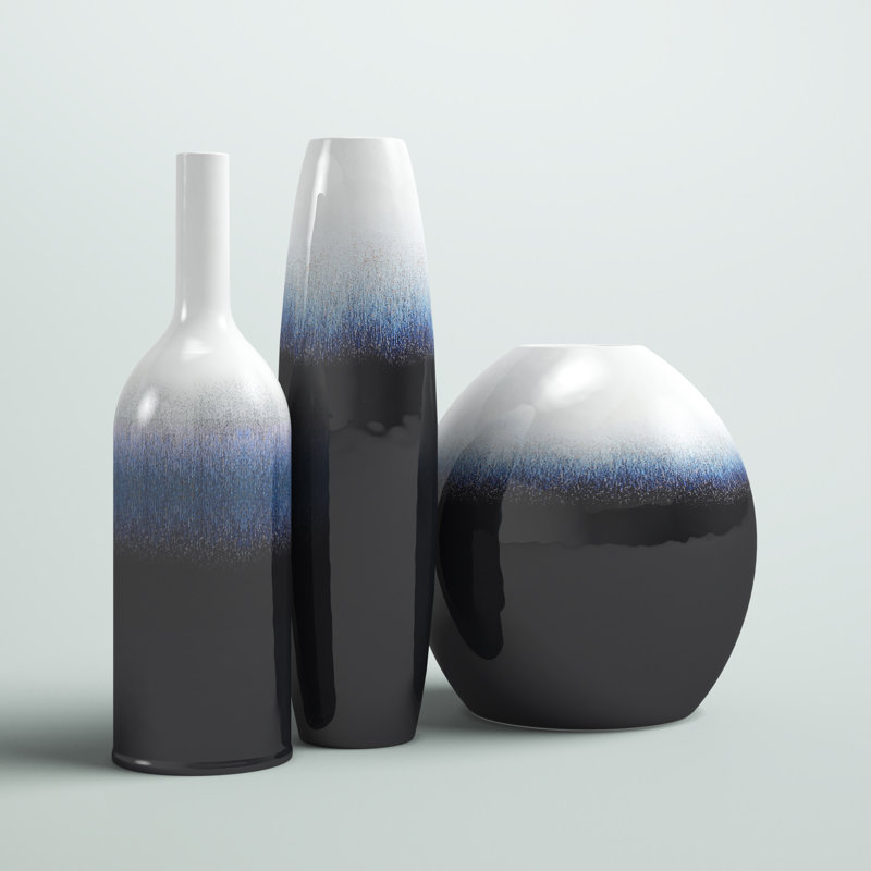 Ensemble de 3 vases de table en céramique marine / blanc / noir Samsel