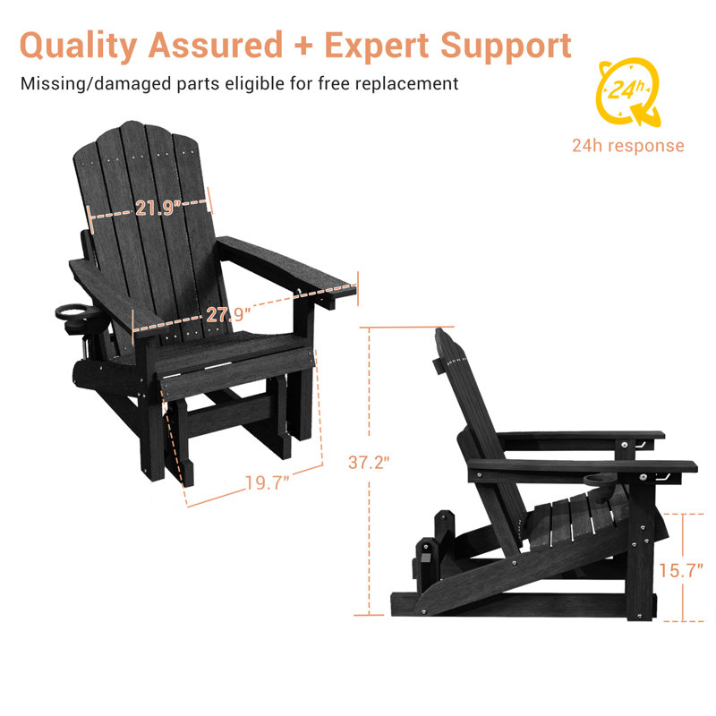 HDPE Glider Adirondack Chair, Wood-Like Glider Rocking Chair, 3-Position Adjustable Fire Pit Chair with Cup Holder for Lawn, Deck, & Poolside