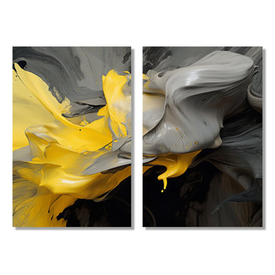 Raw Reflections Yellow Gray - Art abstrait encadré, panneau mural abstrait jaune 2 panneaux