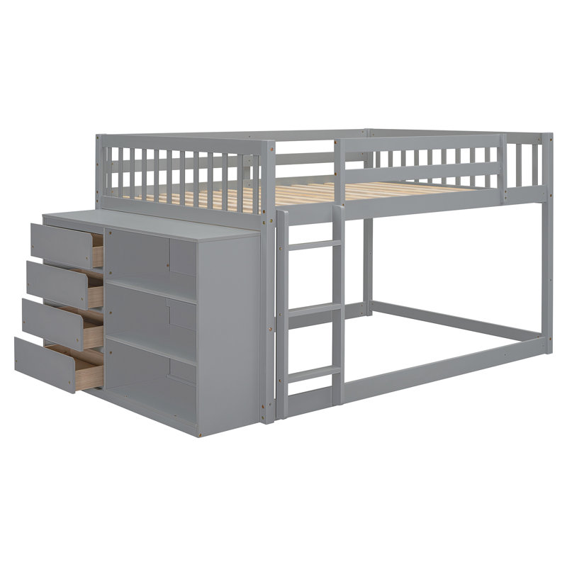 Lit superposé avec 4 tiroirs et 3 tablettes, Full Over Full, Gris