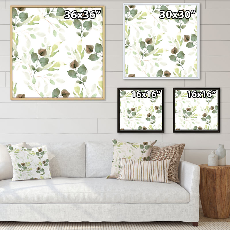 Feuilles vertes sur fond blanc - peinture sur toile, H 37 po x l 37 po x P 1,5 po, Cadre noir