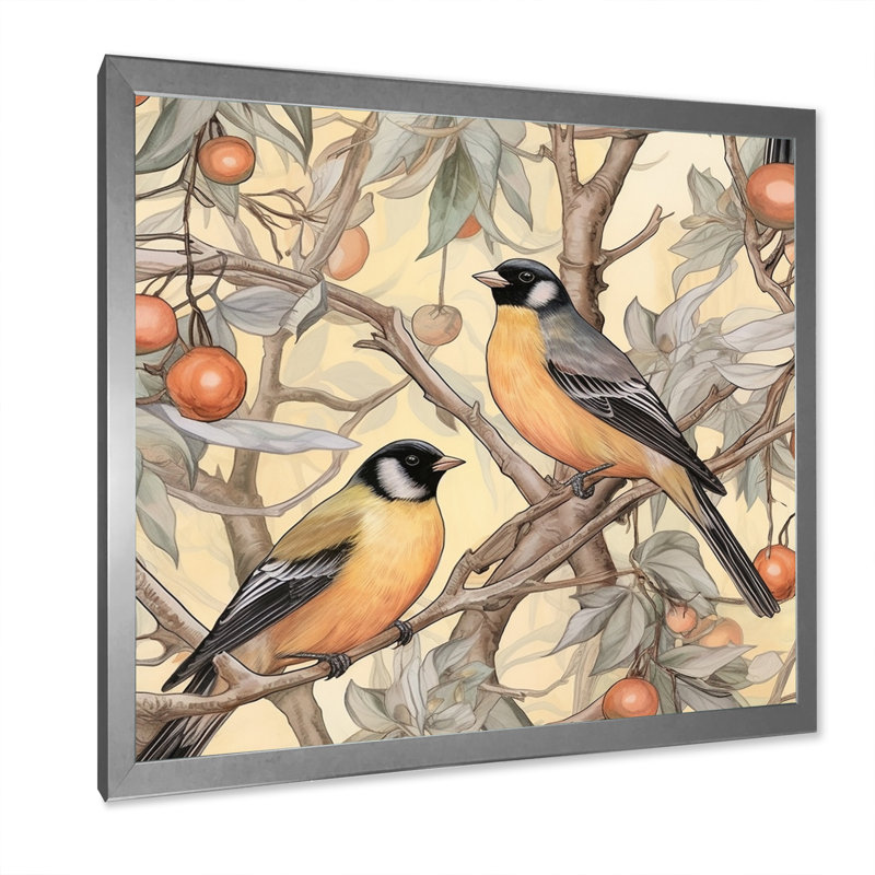 Orange orange, oiseaux noirs sur arbres IV, reproduction sur toile, H 36 po x l 36 po x P 1,5 po, Cadre simple argenté