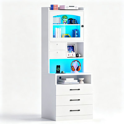 59" Tall White Wood Nightstand with Acrylic Display Cabinet, 3 Storage Drawers & Open Shelves , Multi Storage Bedside End Table with 2 Fabric Bins & Charging Station for Bedroom