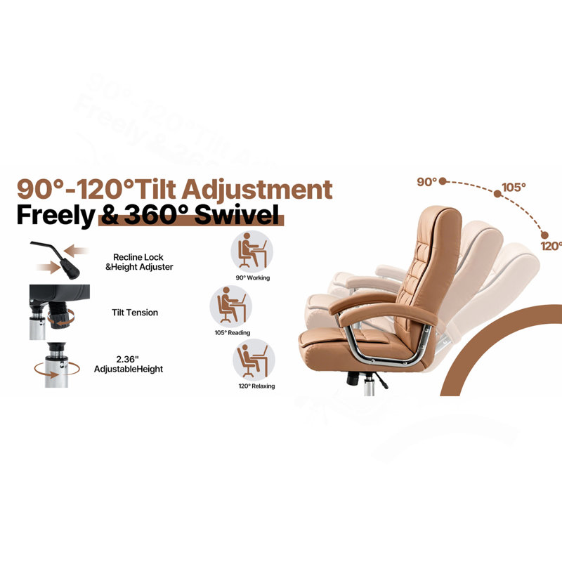Fauteuil de direction en cuir synthétique à haut dossier avec coussin de siège à ressorts, fauteuil d'ordinateur pivotant ergonomique avec accoudoirs chromés, capacité de 350 lb pour le bureau personnel, chameau