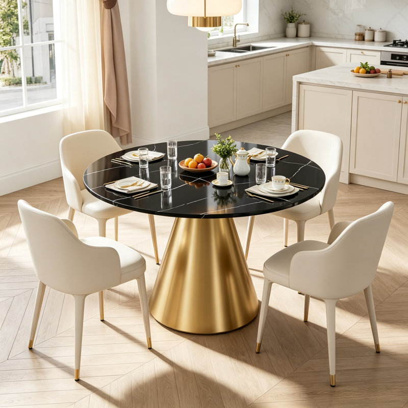 Killingworth Round Faux Marble Top Metal Base Dining Table, Black