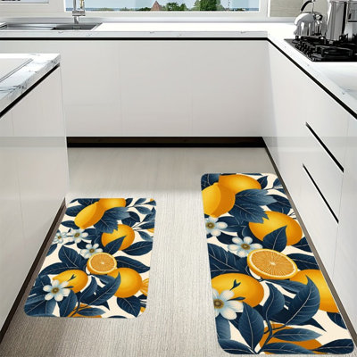 Navy Blue Lemon Print Kitchen Mats, 2 Pack for Kitchen & Dining Decor