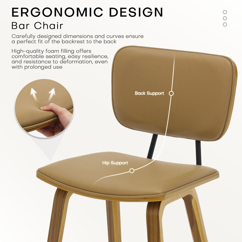 Brown PU Leather Upholstered Counter Stools with Bent Wood Legs, Set of 2
