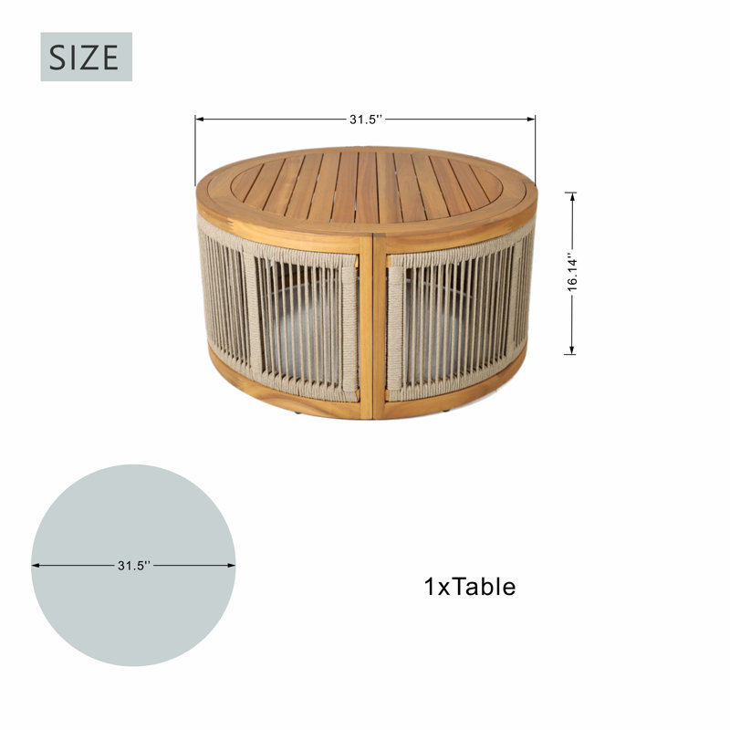 Table basse ronde d'extérieur en acacia, H 16,14 po x l 31,5 po x P 31,5 po