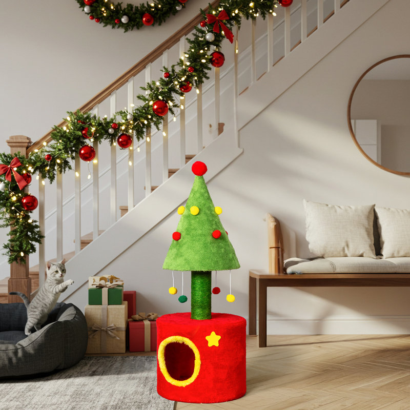 Tour pour chat festive rouge et verte - conception sur le thème des Fêtes avec boules suspendues interactives