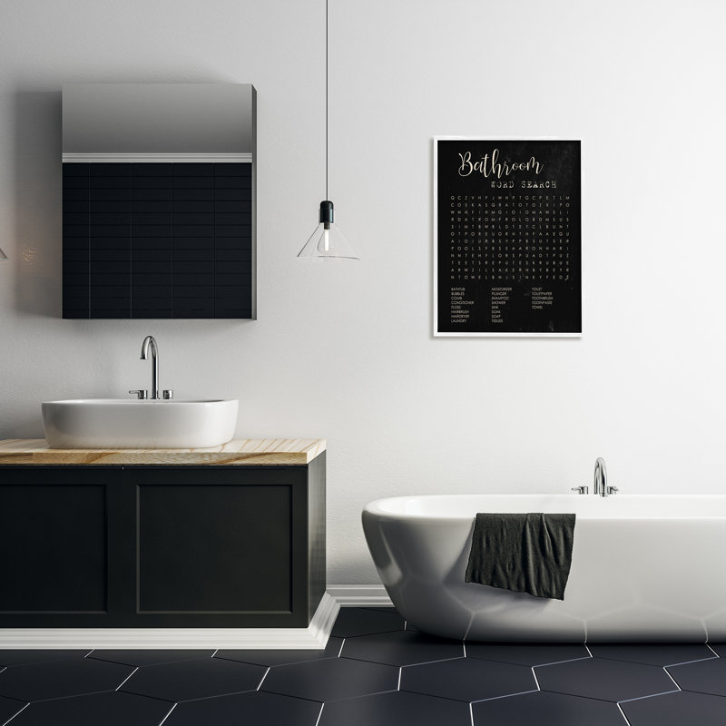 Salle de bain, recherche de mots sur fond noir vieilli, H 30 po x l 24 po, Giclée encadrée blanc bord de mer