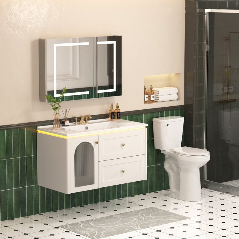36"Single Floating Bathroom Vanity With Sink, Wall Mounted Vainty With Motion-Sensor Led Night Light, White