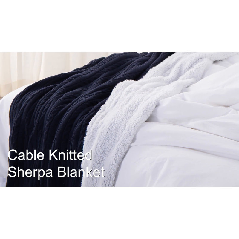 Navy Blue Cotton Cable Knit Sherpa Throw Blanket 51" x 67"