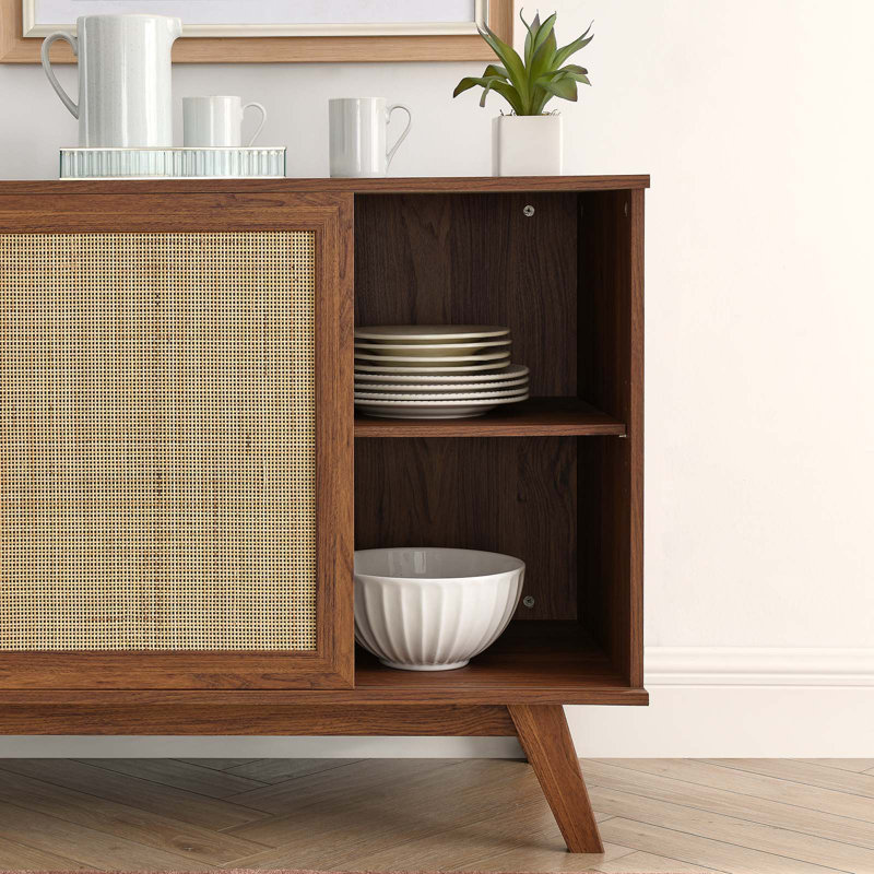 Walnut and Rattan 40" Modern Office Accent Cabinet