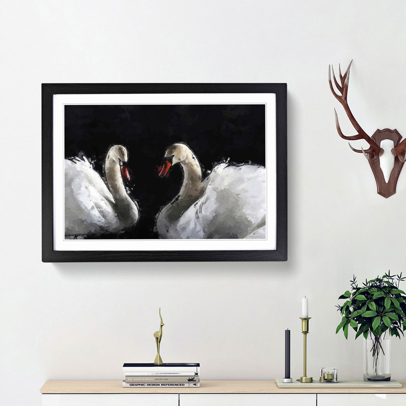 A Pair of White Swans in Abstract - Picture Frame Painting Print, 36cm H x 48cm W x 2cm D, Black Framed