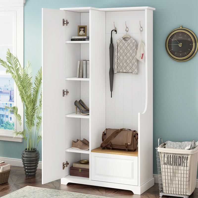 Meuble d'entrée avec banc rabattable, 90,4 cm (L) x 38,6 cm (P) x 178,8 cm (H), MDF, monobloc, meuble à chaussures autoportant, blanc, 3 crochets et étagères réglables