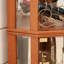 Vitrine d'angle éclairée en chêne foncé avec étagères réglables et fermetures magnétiques pour le rangement du vin à la maison ; idéale pour la décoration du salon.