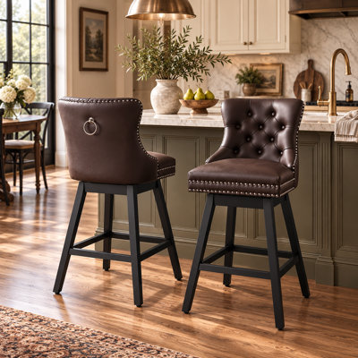 Tabouret de bar pivotant à 360 ° en velours avec dossier, garniture cloutée et pieds robustes en bois massif, fauteuil confortable pour la cuisine, la salle à manger et le restaurant