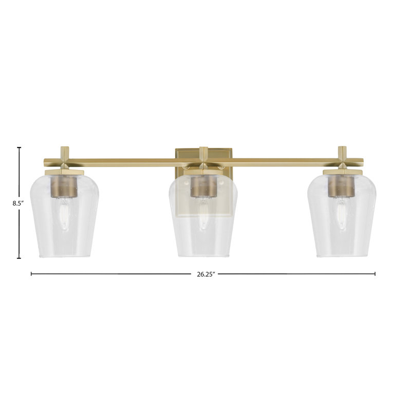 Bar de salle de bain Finola illustré avec verre à bulles, Laiton New Age, 3 lumières, H 8,5 po x l 26,25 po x P 6,75 po