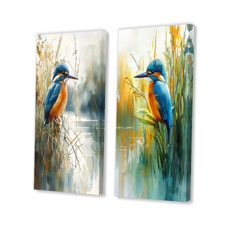 Art mural "Martin-pêcheur au bord du lac I" 2 pièces, Toile tendue, H 32 po x l 33 po