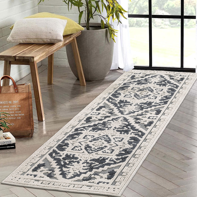 2x8 Area Rug, Vintage Textured Accent Rug, Non Slip Low Pile Washable Rug, Non-Shedding Carpet, Oriental Floral Rugs for Living Room, Bedroom Decor Door Mat for Kitchen, Bedside, Bathroom, Grey