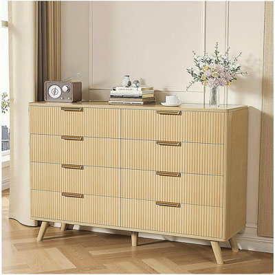 Commode 8 tiroirs pour chambre à coucher, commode en bois cannelée pour chambre d'enfant, chambre de bébé, entrée, naturel, l 47,2 po x P 15 po x H 35,4 po