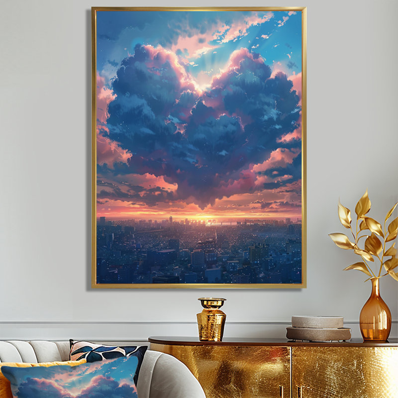 Cœur en forme de nuage, coucher de soleil urbain rose - bâtiments de ville, art mural, Cadre flottant doré, H 44 po x l 34 po