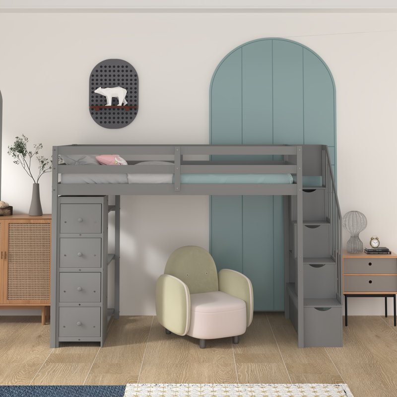Gerld Kids Twin Loft Bed with Drawers, Gray