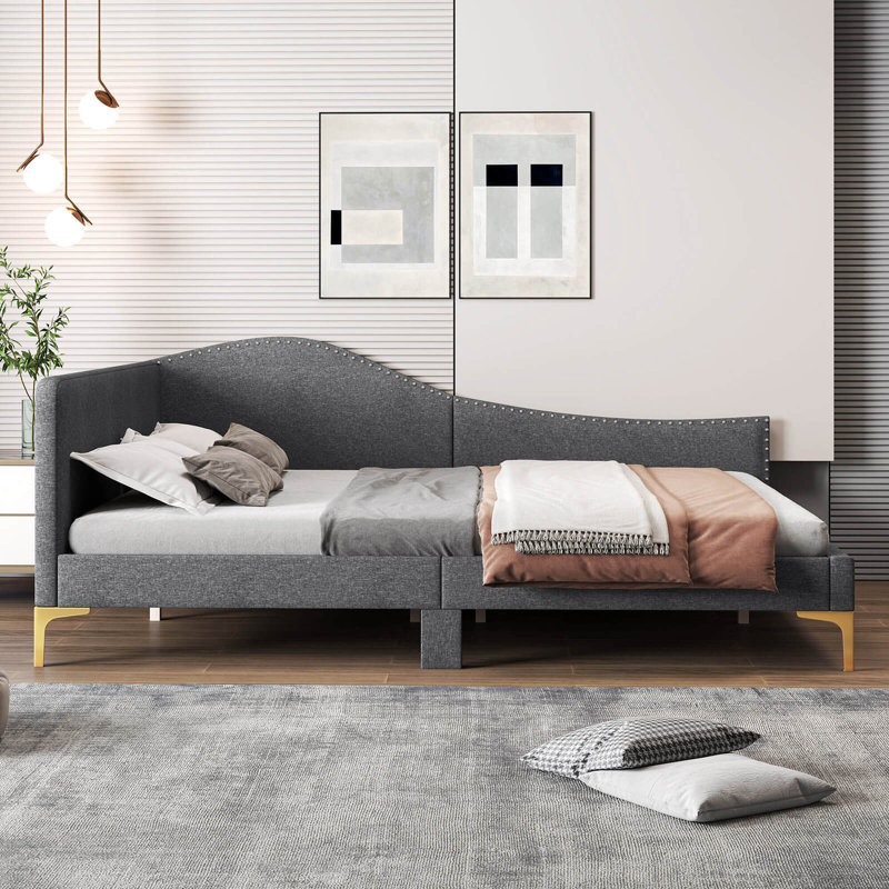 Upholstered Daybed Rivet-tufted Platform Bed With Metal Legs, Gray, Full