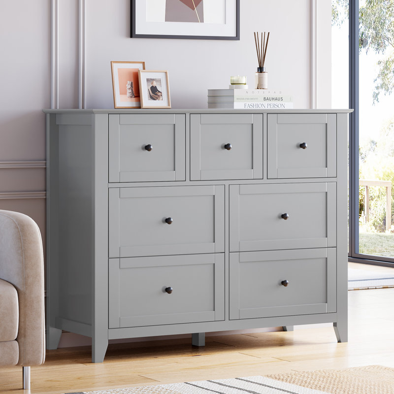 7-Drawer Dresser with Gold Handles – Tall White Wood Storage Chest for Bedroom & Living Room – Waterproof Surface & Anti-Tip Safety – 41.9" Wide Organizer, Gray