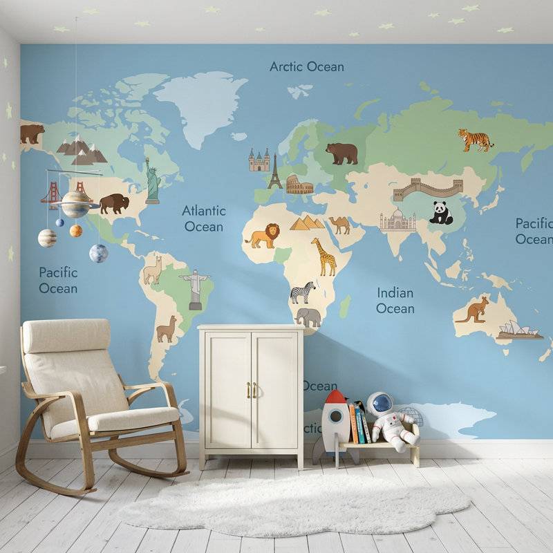 Papier peint carte du monde pour enfants, à visée éducative., 140"x108", Non-Woven Nonpasted