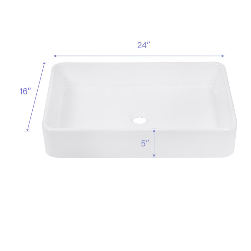 24"X16" White Ceramic Rectangular Vessel Bathroom Sink, White