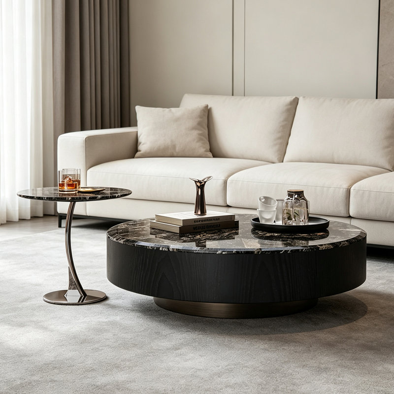 2 tables basses Bunching Table, Black Marble/Black, 12.6" H x 35.4" W x 35.4" D