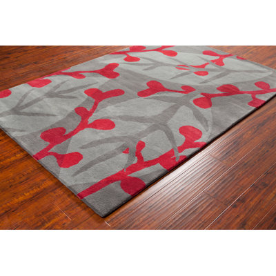 Cloral Authentic Hand-Tufted Handmade Grey & Red Modern Botanical Wool Area Rug