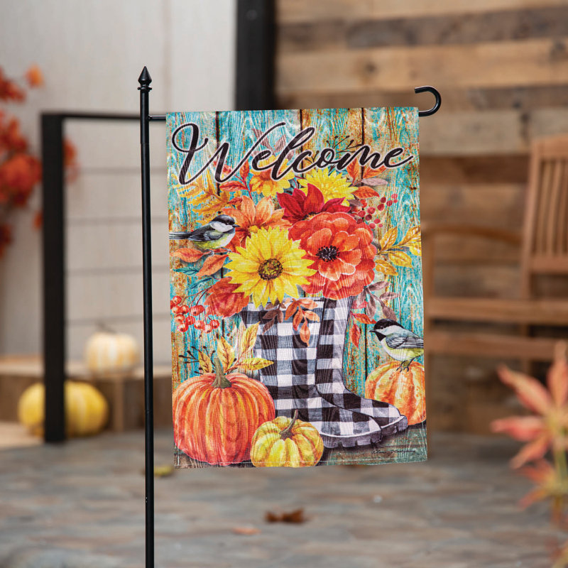 Automne, bienvenue, bottes, moire, drapeau de jardin