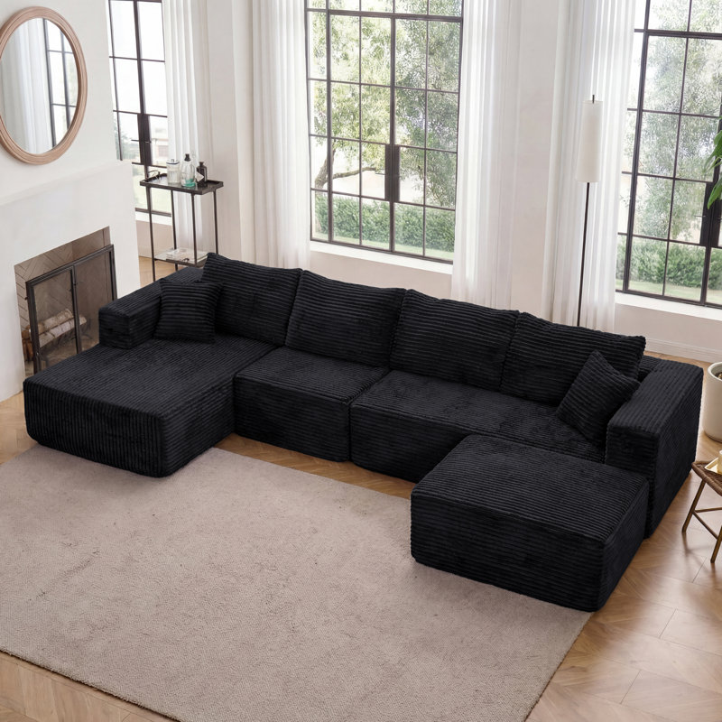 Canapé modulaire rembourré 4 pièces Kapellen, Noir, Orienté à gauche (vu de face)