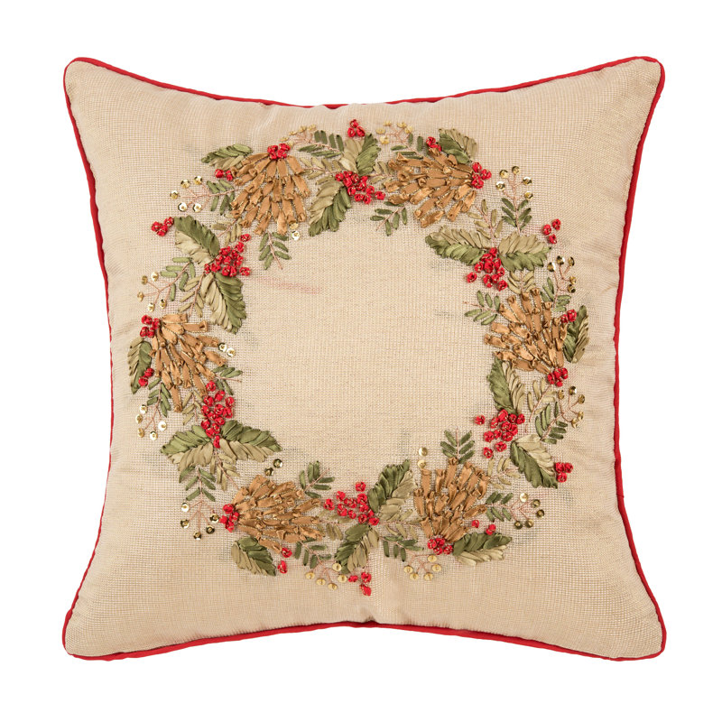 Festive Beige and Red Embroidered Wreath Throw Pillow