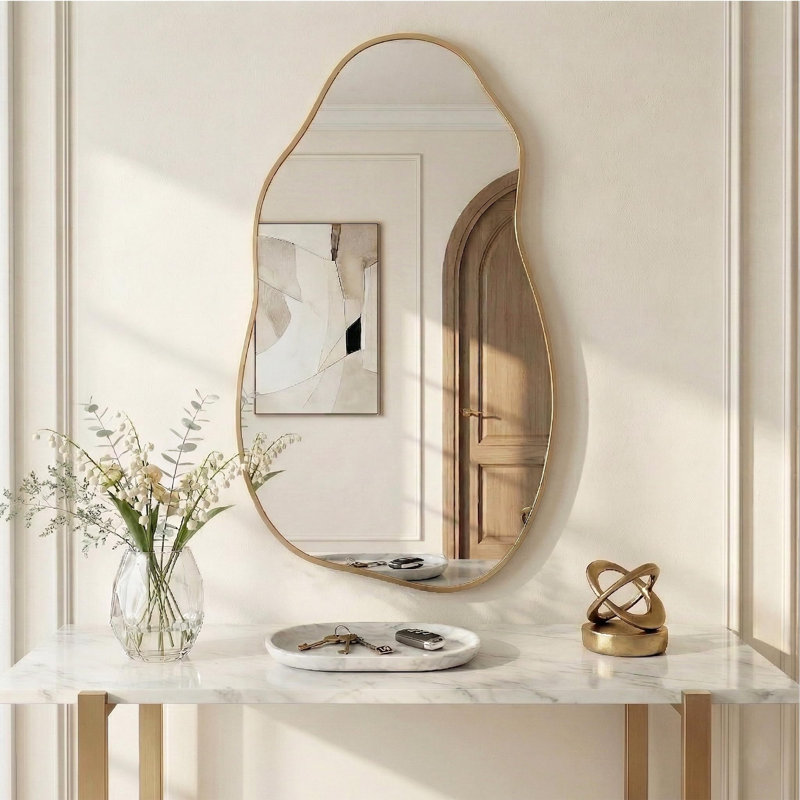 Modern Asymmetrical Wavy Aluminum Framed Wall Mirror for Bathroom Vanity, Champagne Gold, 36" x 20"