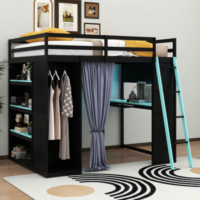 Full Size Wood Loft Bed With Wardrobe And Shelves, Blackout Curtains And RGB Lights For Kids Teens Adults Bedroom