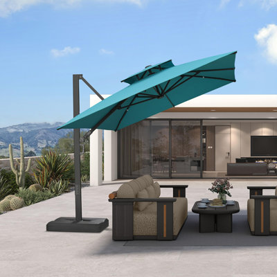 Grand parasol 108 po x 144 po rectangulaire extérieur en porte-à-faux beige avec base et rotation à 360 degrés