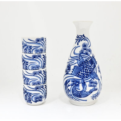 Blue White Koi Fish In River Porcelain Sake Carafe Flask And 4 Ochoko Cups Set