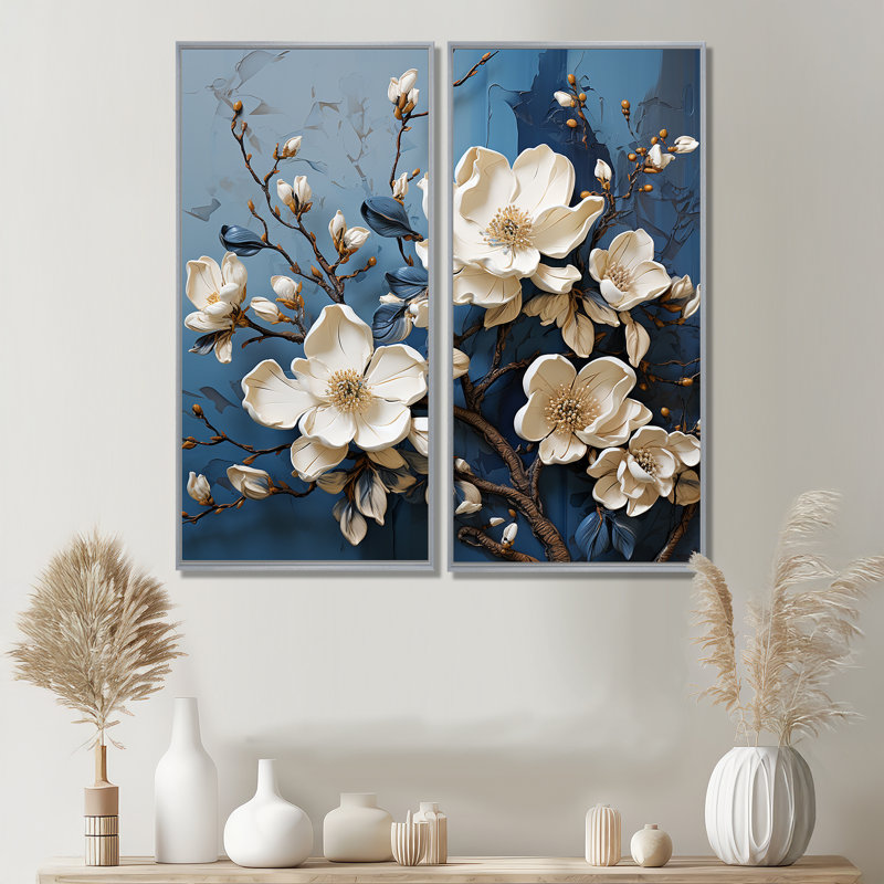 Décoration murale bleu et blanc Magnolia en fleurs I - Magnolias floraux, H 20 po x l 24 po, Impression encadrée flottante