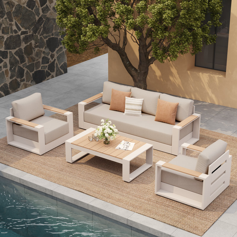 Outdoor Seating Group With Cushions, White, 4 Pcs: Table, Sofa, 2 Chairs, Armchair
