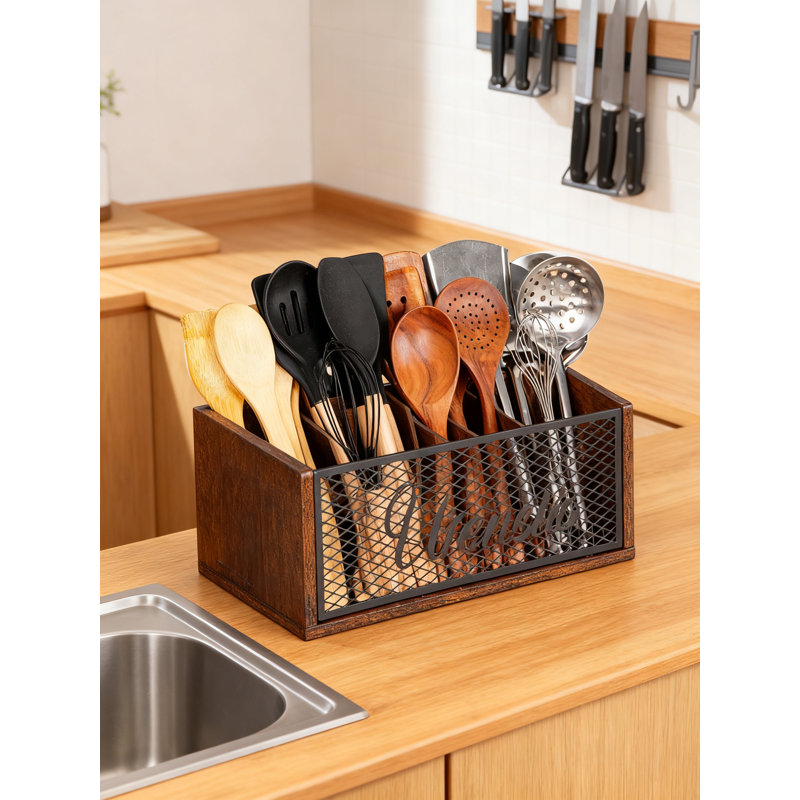 Grand organisateur d'ustensiles de cuisine avec 4 compartiments, porte-spatule de comptoir rustique, rangement en bois massif et en métal pour les ustensiles de cuisine