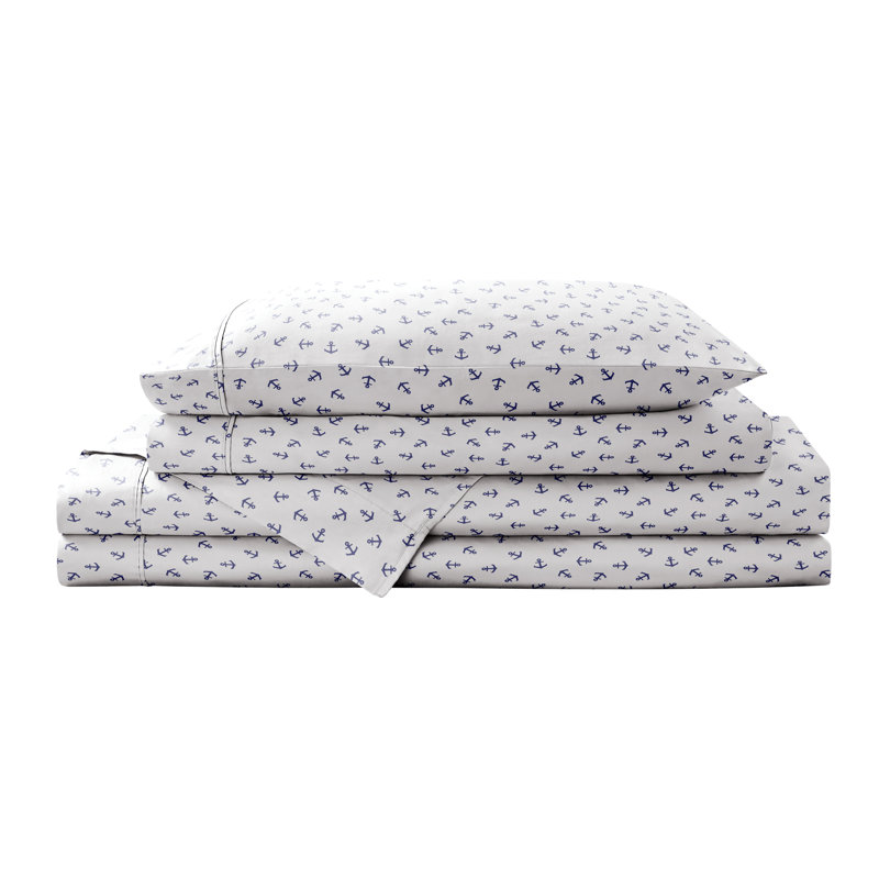 Full Size Blue Cotton Percale Sheet Set with Floral Print