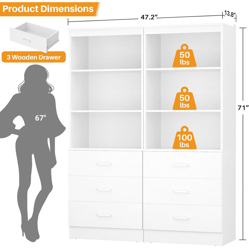 47.2" Closet System with 6 Wooden Drawers, White