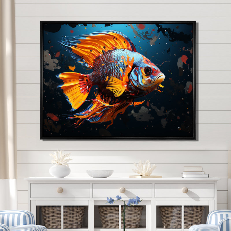 «Orange Pop Art Fish Marine Burst I», art mural poisson papillon, Cadre flottant noir, H 16 po x l 32 po x P 1 po