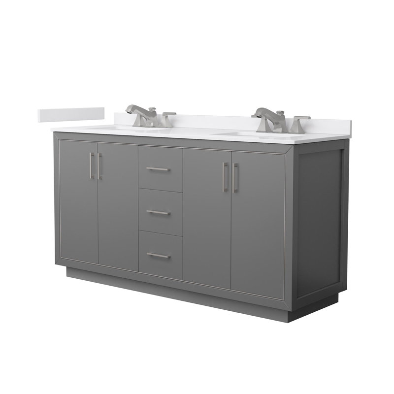 Icon 66" Freestanding Double Bathroom Vanity with Cultured Marble Top, Gray, Brushed Nickel
