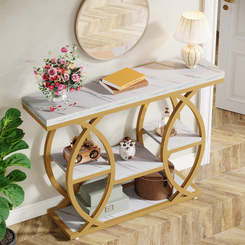 100cm Console Table, White Marble, Gold