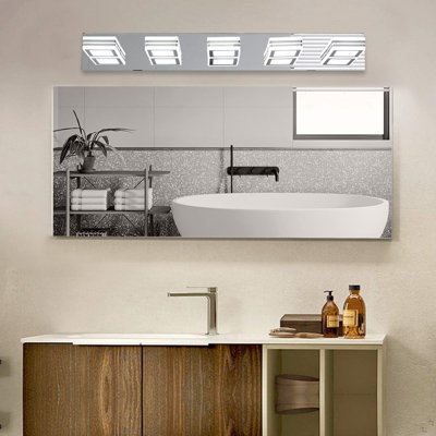 32" Modern Chrome 5-Light LED Vanity Light, Square Acrylic Lampshades Wall Mount Fixture For Bathroom, Mirror Lighting