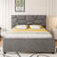 Grand lit plateforme tapissier avec tête de lit à motif brique et gigogne simple TG, tissu en lin-1128400338